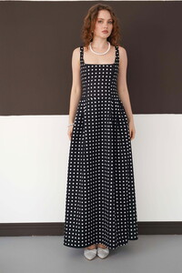 Puantiyeli Askılı Boydan Toptan Elbise - Siyah Krem | D3004 - Topshow