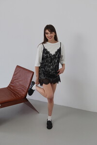 Topshow - Combed Cotton Tunic Top Lace-Embellished Dress - Cream Black | D2950 #5