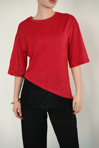 D 2985 DANTEL DETAYLI ÇİZGİLİ T SHIRT - KIRMIZI #4