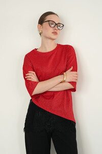 D 2985 DANTEL DETAYLI ÇİZGİLİ T SHIRT - KIRMIZI