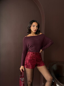 F 2057 PULLU KADİFE ŞORT - BORDO #3