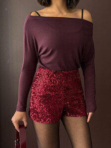 F 2057 PULLU KADİFE ŞORT - BORDO #4