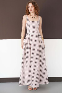 Puantiyeli Askılı Boydan Toptan Elbise - Taş Kahve | D3004 - Topshow