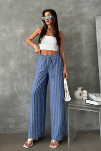 Topshow Saks Çizgili Keten Toptan Pantolon