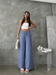 Topshow Saks Çizgili Keten Toptan Pantolon #2