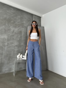 Topshow Saks Çizgili Keten Toptan Pantolon #5