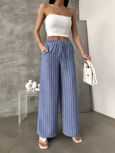 Topshow Saks Çizgili Keten Toptan Pantolon #3