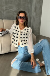 Topshow Taş Siyah Altı Saçaklı Triko Toptan Hırka F0024 #1