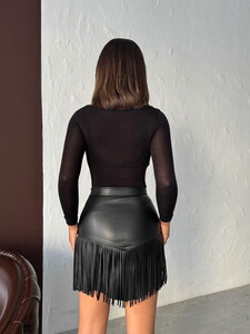 Topshow Western Style Tasseled Mini Leather Skirt - Black | F2041 #5