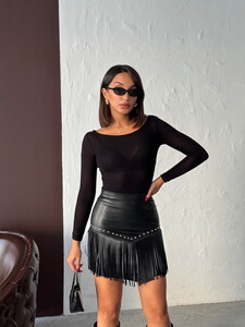 Topshow Western Style Tasseled Mini Leather Skirt - Black | F2041 #3
