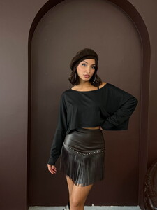 Western Tarz Püsküllü Mini Deri Etek - SİYAH | F2041 #2