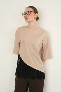 D 2985 DANTEL DETAYLI ÇİZGİLİ T SHIRT - TAŞ #1