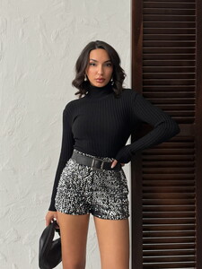 Topshow  | Pullu Kadife Şort - Siyah Gümüş | F2057 #2
