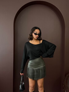 Western Tarz Püsküllü Mini Deri Etek - HAKİ | F2041 #2