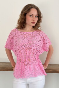 D 2966 BELİ GİPELİ BRODE BLUZ - PEMBE
