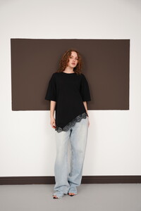 Dantel Detaylı Bisiklet Yaka Toptan T Shırt - Siyah | D3005 - Topshow