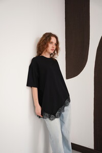 Dantel Detaylı Bisiklet Yaka Toptan T Shırt - Siyah | D3005 - Topshow #2