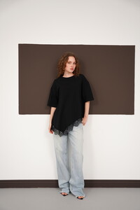 Dantel Detaylı Bisiklet Yaka Toptan T Shırt - Siyah | D3005 - Topshow #3