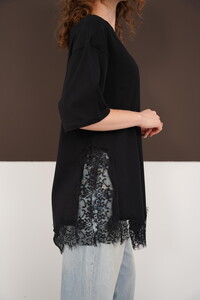 Dantel Detaylı Bisiklet Yaka Toptan T Shırt - Siyah | D3005 - Topshow #4