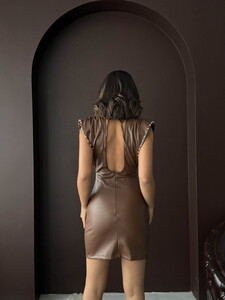 F 2034 DROPLU SUNİ DERİ ELBİSE - KAHVE #5