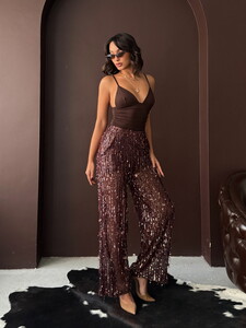 Topshow Kahve Pullu Tül Toptan Pantolon #2