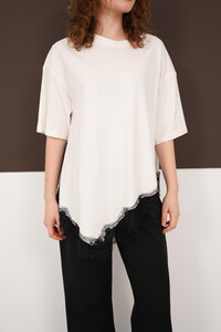 Dantel Detaylı Bisiklet Yaka Toptan T Shırt - Krem | D3005 - Topshow #4