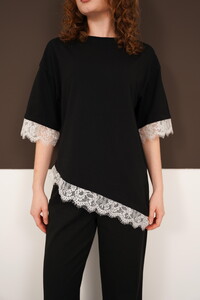 Crew Neck T-Shirt with Lace Details Wholesale - Black White | D3005 - Topshow #4