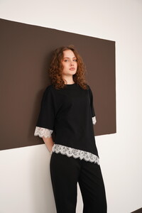 Crew Neck T-Shirt with Lace Details Wholesale - Black White | D3005 - Topshow #2