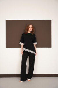 Crew Neck T-Shirt with Lace Details Wholesale - Black White | D3005 - Topshow #3