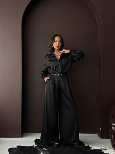 Yüksek Bel Bol Paça Saten Pantolon – Şık Ve Rahat Tasarım - Siyah | F2052 #2