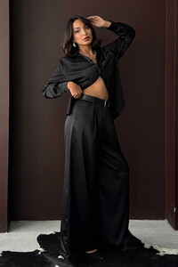 Yüksek Bel Bol Paça Saten Pantolon – Şık Ve Rahat Tasarım - Siyah | F2052