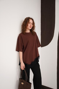 Dantel Detaylı Bisiklet Yaka Toptan T Shırt - Kahve | D3005 - Topshow #2