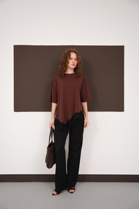 Dantel Detaylı Bisiklet Yaka Toptan T Shırt - Kahve | D3005 - Topshow #3