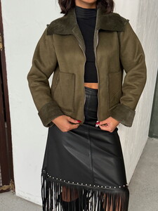 F 2027 SÜET TAVŞAN LAMİNE MONT - HAKİ #4