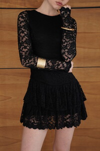 F 2075 ETEK UCU İKİ KADEMELİ DANTEL ELBİSE - SİYAH #4