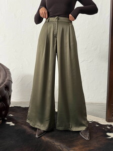 High Waist Wide-Leg Satin Trousers – Stylish and Comfortable Design - Khaki | F2052 #4