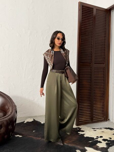 High Waist Wide-Leg Satin Trousers – Stylish and Comfortable Design - Khaki | F2052 #2
