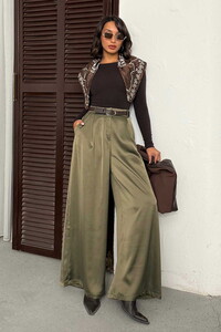 High Waist Wide-Leg Satin Trousers – Stylish and Comfortable Design - Khaki | F2052 #1