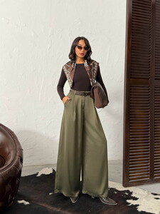 High Waist Wide-Leg Satin Trousers – Stylish and Comfortable Design - Khaki | F2052 #3