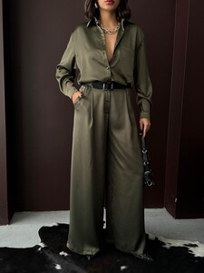 Yüksek Bel Bol Paça Saten Pantolon – Şık Ve Rahat Tasarım - Haki | F2052 #4