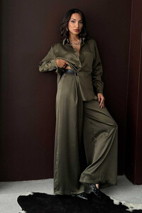 Yüksek Bel Bol Paça Saten Pantolon – Şık Ve Rahat Tasarım - Haki | F2052 #1