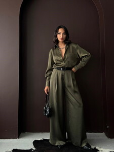 Yüksek Bel Bol Paça Saten Pantolon – Şık Ve Rahat Tasarım - Haki | F2052 #2