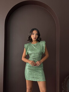 Topshow Işıltılı Pul İşlemeli, Arka Dekolteli, Mini Gece Elbisesi  - AÇIK HAKİ #5