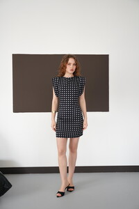 Puantiyeli Bisiklet Yaka Diz Üstü Toptan Elbise - Siyah | D3013 - Topshow #3