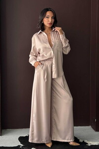 Yüksek Bel Bol Paça Saten Pantolon – Şık Ve Rahat Tasarım - Taş | F2052