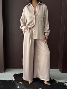 Yüksek Bel Bol Paça Saten Pantolon – Şık Ve Rahat Tasarım - Taş | F2052 #4