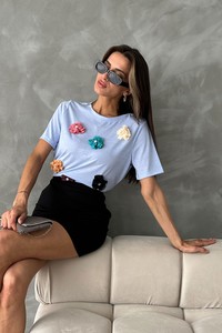 Topshow Mavi Çiçek Detaylı TOPTAN T-SHİRT