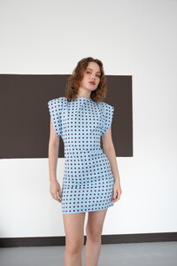 Puantiyeli Bisiklet Yaka Diz Üstü Toptan Elbise - Mavi | D3013 - Topshow #4