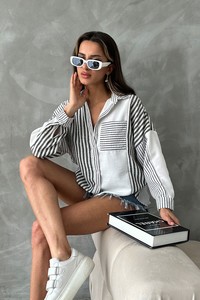 Topshow Siyah Çizgili Uzun Toptan Gömlek