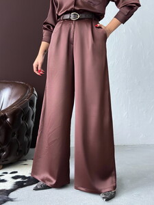 Yüksek Bel Bol Paça Saten Pantolon – Şık Ve Rahat Tasarım - Kahve | F2052 #4